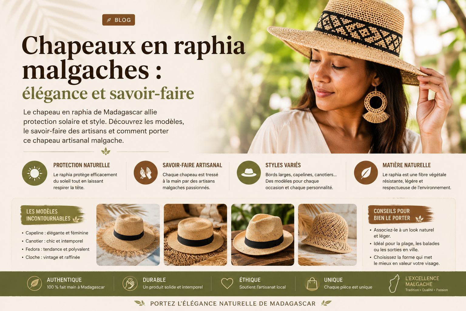 Chapeau en raphia tressé à la main à Madagascar